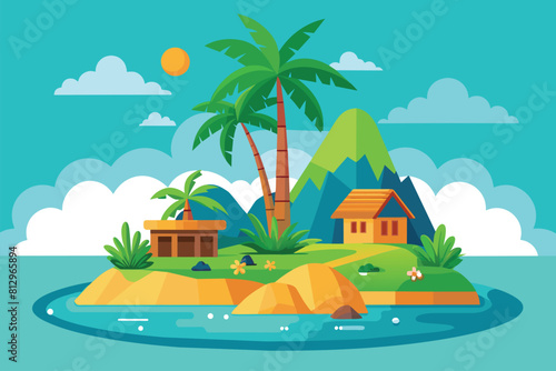 A small tropical island featuring a house and a palm tree on a customizable flat illustration, Tropical island Customizable Flat Illustration