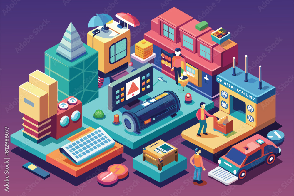 An illustration of a man standing next to a computer screen, Tv show Customizable Isometric Illustration An illustration of a man standing next to a computer screen, Tv show Customizable Isometric Illustration