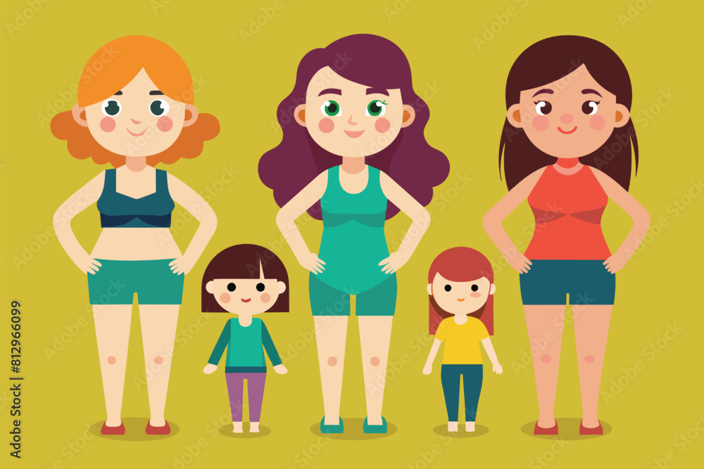 Diverse group of women standing side by side in a row, Types of female body shapes Customizable Cartoon Illustration Diverse group of women standing side by side in a row, Types of female body shapes Customizable Cartoon Illustration