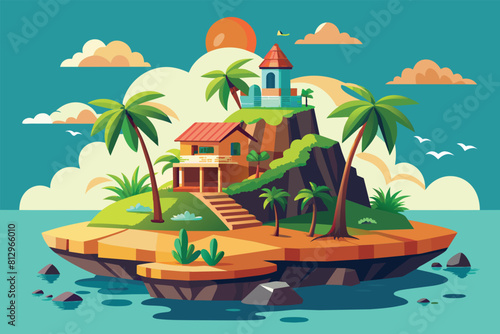 A church sits atop a small tropical island surrounded by water  Tropical island Customizable Semi Flat Illustration