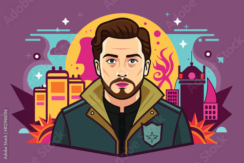 A bearded man stands in front of the urban cityscape  Tv show Customizable Disproportionate Illustration