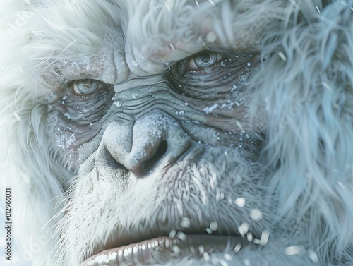 closeup portrait of yeti face, cryptid, legendary mysterious, mythical Himalayan creature