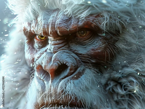closeup portrait of yeti face, cryptid, legendary mysterious, mythical Himalayan creature