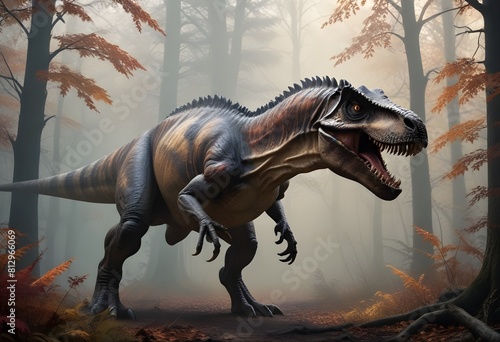 A large  ferocious-looking Tyrannosaurus Rex dinosaur standing in a forest with autumn foliage in the background