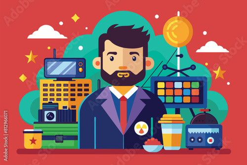 A man with a beard standing in front of a variety of objects, Tv show Customizable Flat Illustration photo