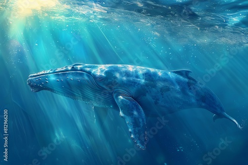 majestic blue whale gracefully swimming beneath sunlit ocean surface serene underwater scene digital painting © furyon