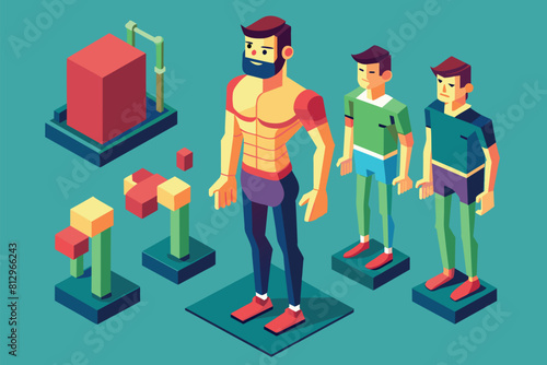 Several people of different body shapes standing together on a scale, Types of male body shapes Customizable Isometric Illustration