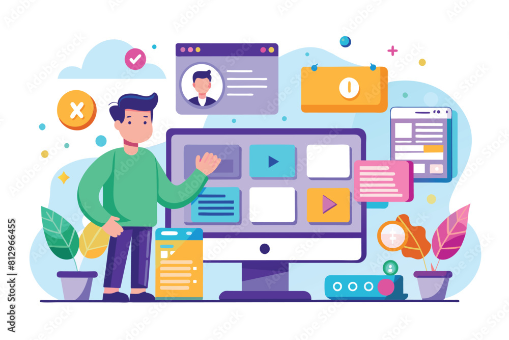 A man in a room standing in front of a computer screen with UI/UX ...