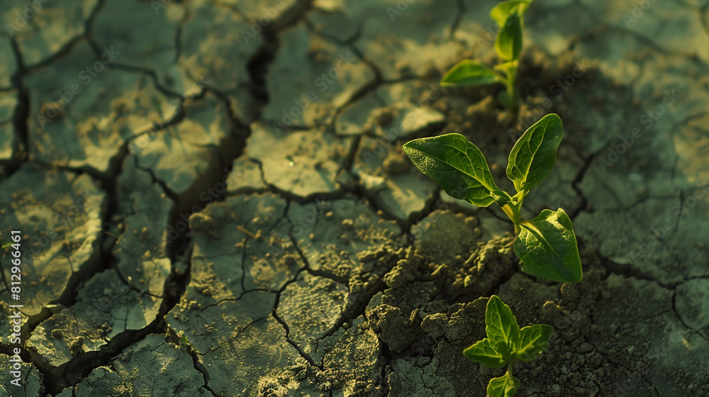 An image of small shoots growing painstakingly on dry surface and cracked land. It is a symbol of hope and vitality in the fight against climate change. An image of small shoots growing painstakingly on dry surface and cracked land. It is a symbol of hope and vitality in the fight against climate change.