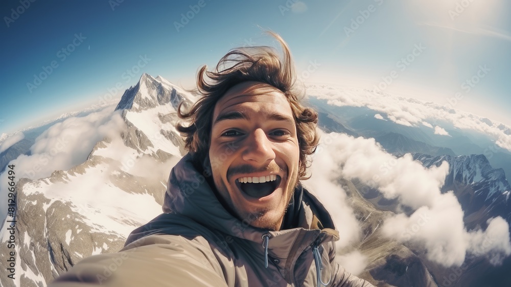 Happy smiling young man taking selfie portrait on the top of mountain Happy smiling young man taking selfie portrait on the top of mountain