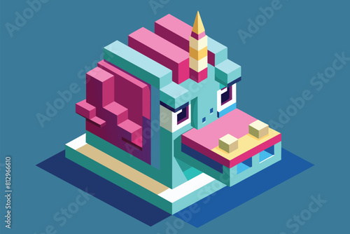 Cute pony with large horn in customizable isometric illustration, Unicorn head Customizable Isometric Illustration