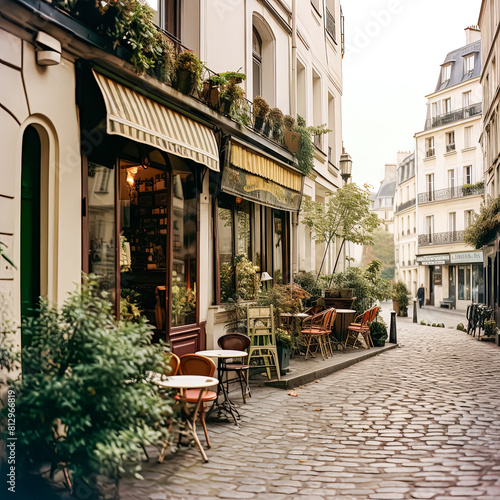 Fototapeta Naklejka Na Ścianę i Meble -  A Parisian street scene featuring a charming sidewalk cafe with a row of tables and chairs, inviting passersby to indulge in the city's famed cafe culture.