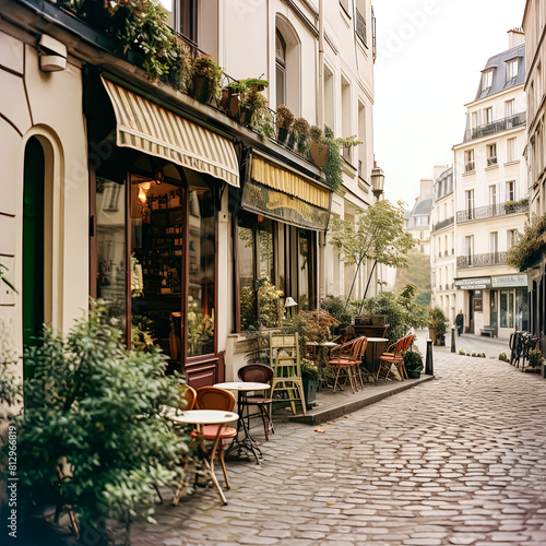 A Parisian street scene featuring a charming sidewalk cafe with a row of tables and chairs, inviting passersby to indulge in the city's famed cafe culture. © Людмила Мазур
