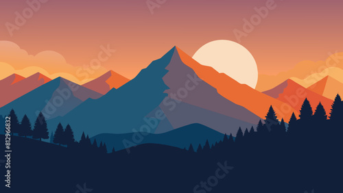 Summer landscape in the mountains. Sunrise minimal clear shape vector 
