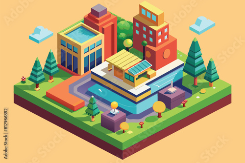 Isometric low polygonal illustration of a modern building against a clear blue sky  Upload Customizable Isometric Illustration