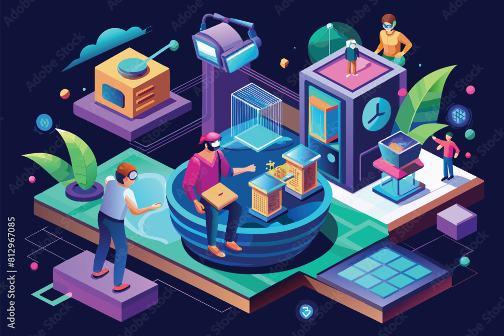 Several individuals are gathered around a table, engaged in a discussion or meeting, Virtual reality Customizable Isometric Illustration Several individuals are gathered around a table, engaged in a discussion or meeting, Virtual reality Customizable Isometric Illustration