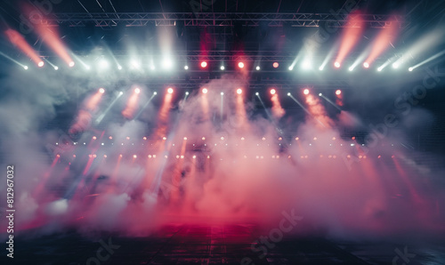 The bright lights of the stadium arena shine through the thick fog, creating an extraordinary atmosphere of mystery and excitement.