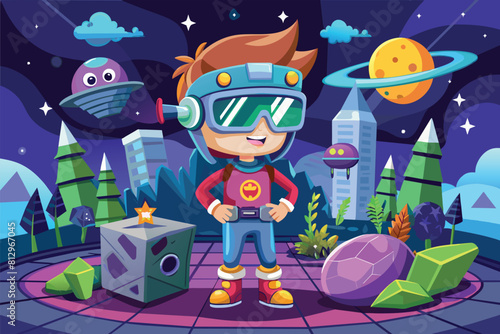 A cartoon illustration of a boy wearing a space suit and goggles, Virtual reality Customizable Cartoon Illustration