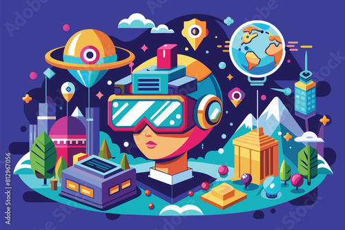 A person outfitted with a helmet and goggles stands amidst a variety of objects, Virtual reality Customizable Disproportionate Illustration