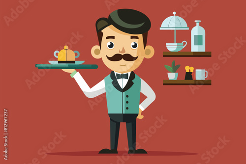 A man holding a tray with a teapot on it, Waiters Customizable Cartoon Illustration
