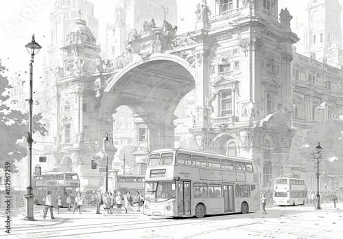 Black and white line drawing of the streets in London, with doubledecker buses driving in the style of St Paul's Cathedral, and pedestrians walking on the sidewalk.  photo