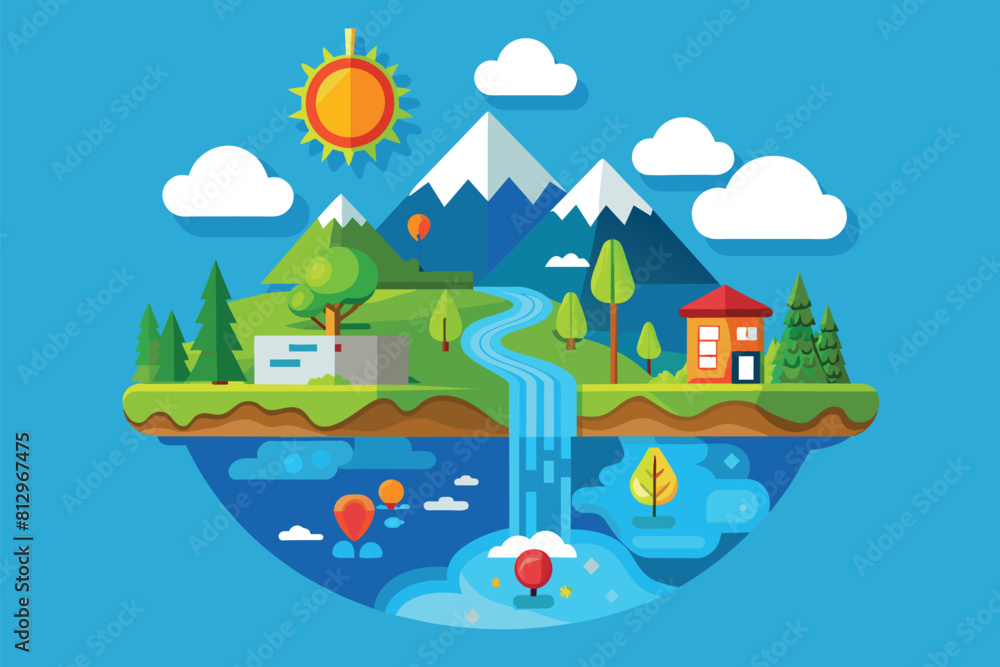 Obraz premium Flat design showing a small town with a river running through it, Water cycle Customizable Flat Illustration