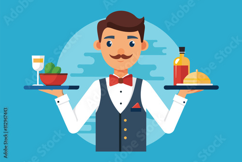 A man standing while holding a tray filled with food and a drink, Waiters Customizable Flat Illustration