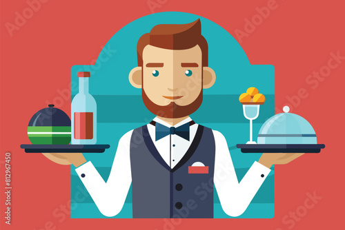 Bearded man holding a tray of food with various dishes, Waiters Customizable Semi Flat Illustration