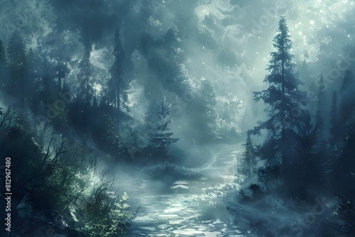 Enchanting Misty Forest Path Leading to Captivating Ethereal Stream