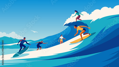 Dynamic Surfers Riding Majestic Blue Ocean Waves