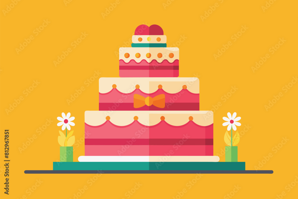 Three-tier wedding cake with decorative bow on top, customizable design, Wedding cake Customizable Flat Illustration Three-tier wedding cake with decorative bow on top, customizable design, Wedding cake Customizable Flat Illustration