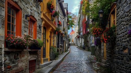 A charming cobblestone alleyway winding through historic buildings adorned with flower boxes, evoking a sense of old-world charm.