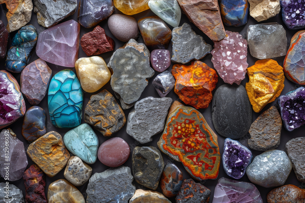 Radiant and small healing stones arrayed in a pattern, shimmering with intense colors and fascinating natural lines.. AI generated. Radiant and small healing stones arrayed in a pattern, shimmering with intense colors and fascinating natural lines.. AI generated.