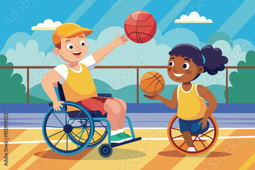 A man in a wheelchair actively playing basketball with a young girl on a court, Wheelchair basketball Customizable Cartoon Illustration