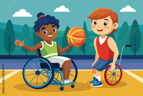 A boy in a wheelchair actively engages in a game of basketball with a girl, Wheelchair basketball Customizable Cartoon Illustration