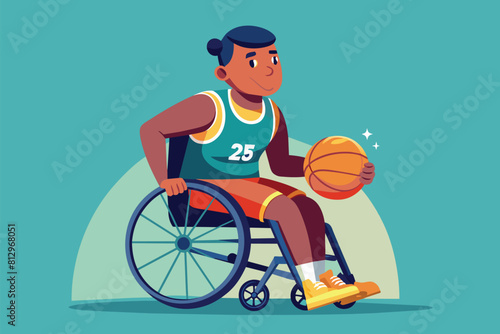 A man sitting in a wheelchair holding a basketball in his hand, Wheelchair rugby Customizable Isometric Illustration