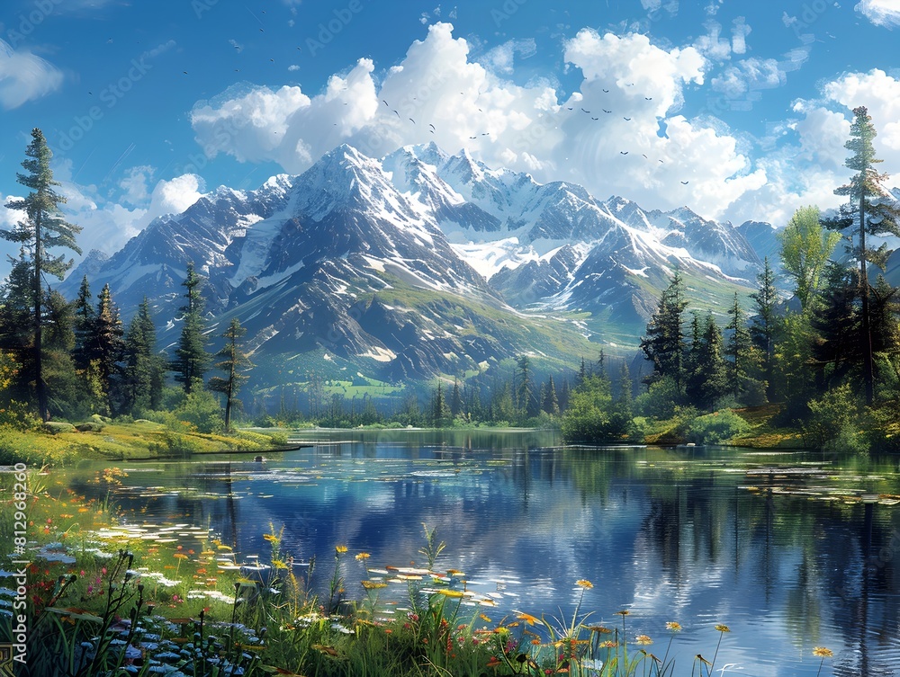 Majestic Mountain Landscape with Serene Alpine Lake Reflecting Scenic Peaks and Evergreen Forests