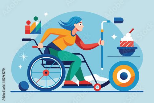 A woman in a wheelchair cleaning with a broom, Wheelchair curling Customizable Disproportionate Illustration