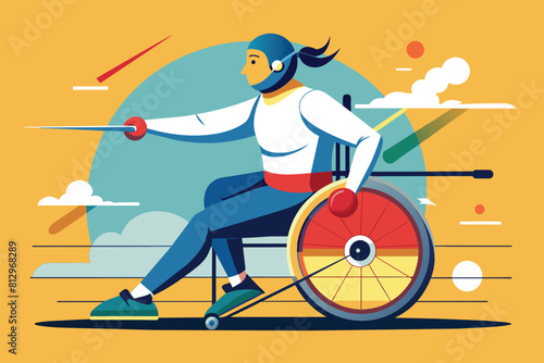 A man rides a wheelchair while holding a baseball bat, Wheelchair fencing Customizable Flat Illustration