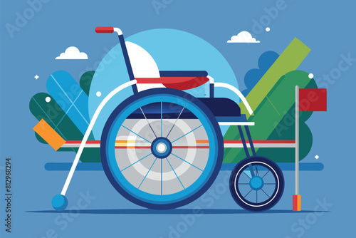 A wheelchair with a golf club resting against a wall in the background, Wheelchair fencing Customizable Semi Flat Illustration