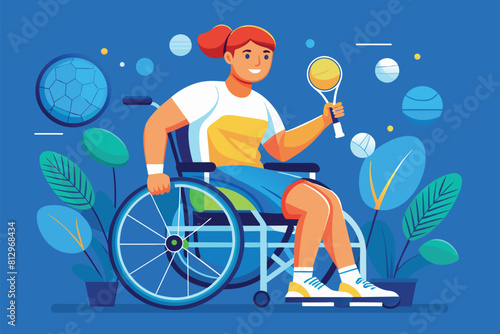 A man seated in a wheelchair holding a tennis racket outdoors, Wheelchair tennis Customizable Disproportionate Illustration