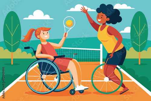 Two women in wheelchairs actively playing a tennis match on a court, Wheelchair tennis Customizable Flat Illustration