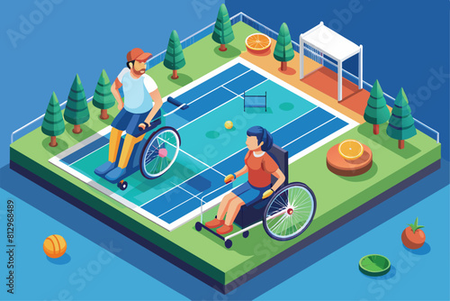 A man and a woman in wheelchairs playing tennis on a court, Wheelchair tennis Customizable Isometric Illustration