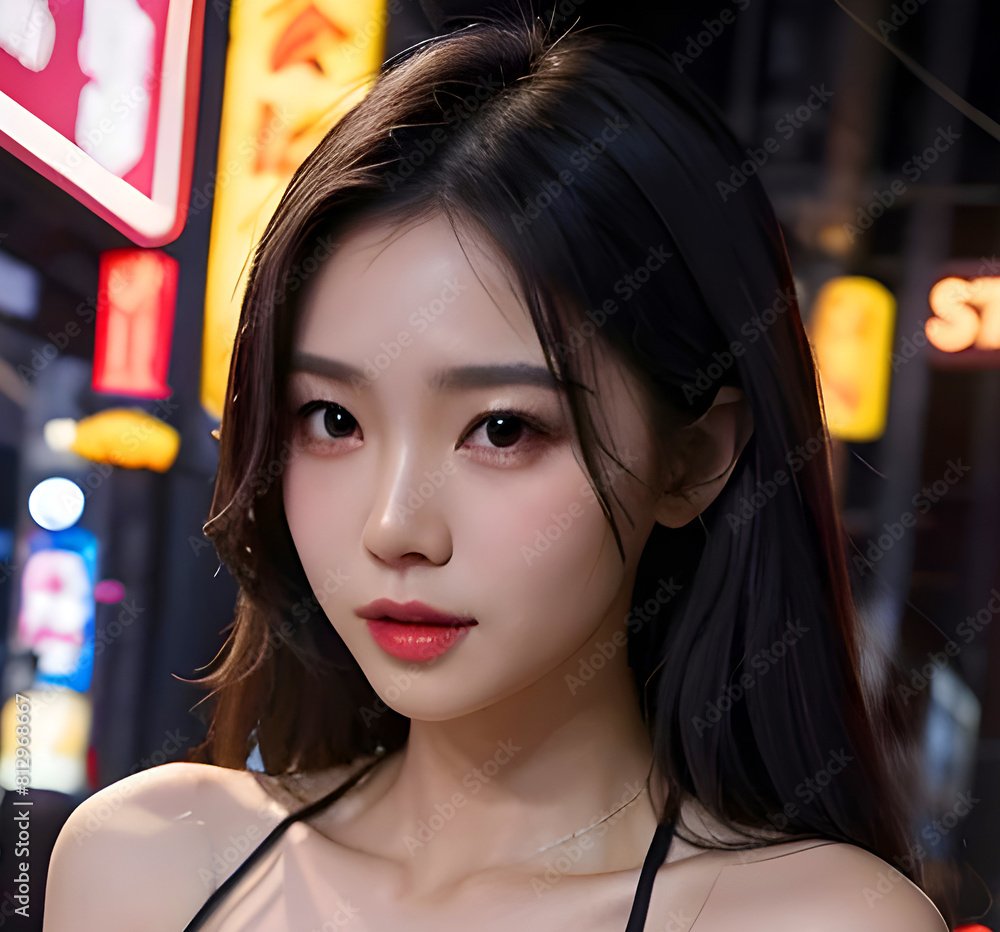 A close-up photo of an Asian woman's face at a restaurant. AI-Generated A close-up photo of an Asian woman's face at a restaurant. AI-Generated
