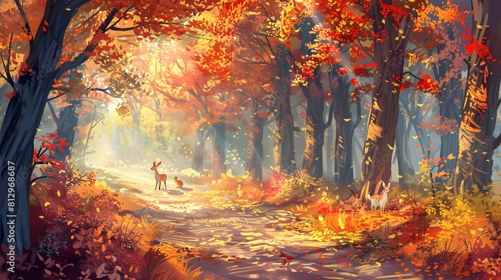 Enchanting Autumn Woodland Trail with Vibrant Foliage and Warm Sunlight Streaming Through Enchanting Autumn Woodland Trail with Vibrant Foliage and Warm Sunlight Streaming Through