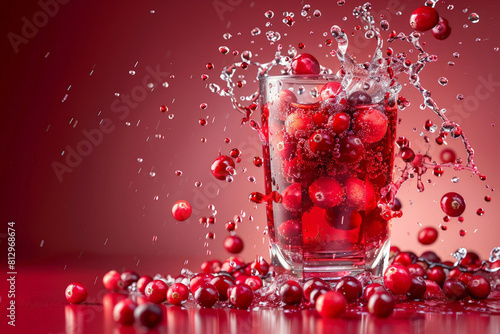 A glass of cranberry juice with splashing berries, dynamic and refreshing scene on gradient background 