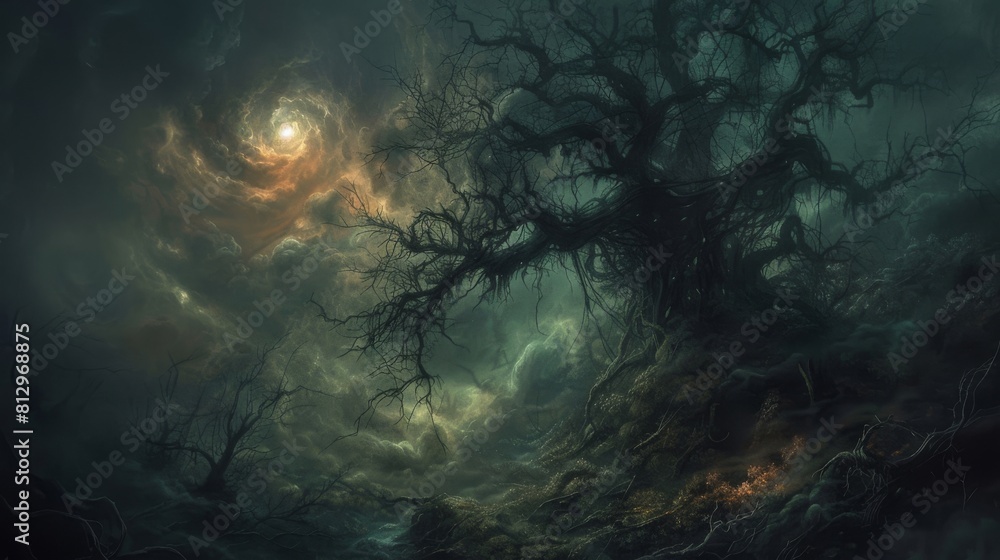 A painting of a dark, stormy night with a full moon in the sky A painting of a dark, stormy night with a full moon in the sky