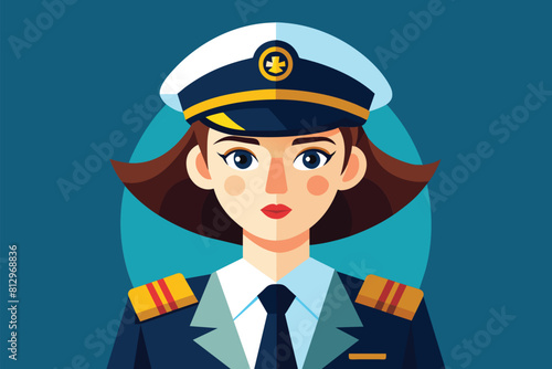 A woman wearing a captains uniform stands confidently in front of a blue background, Woman captain Customizable Disproportionate Illustration