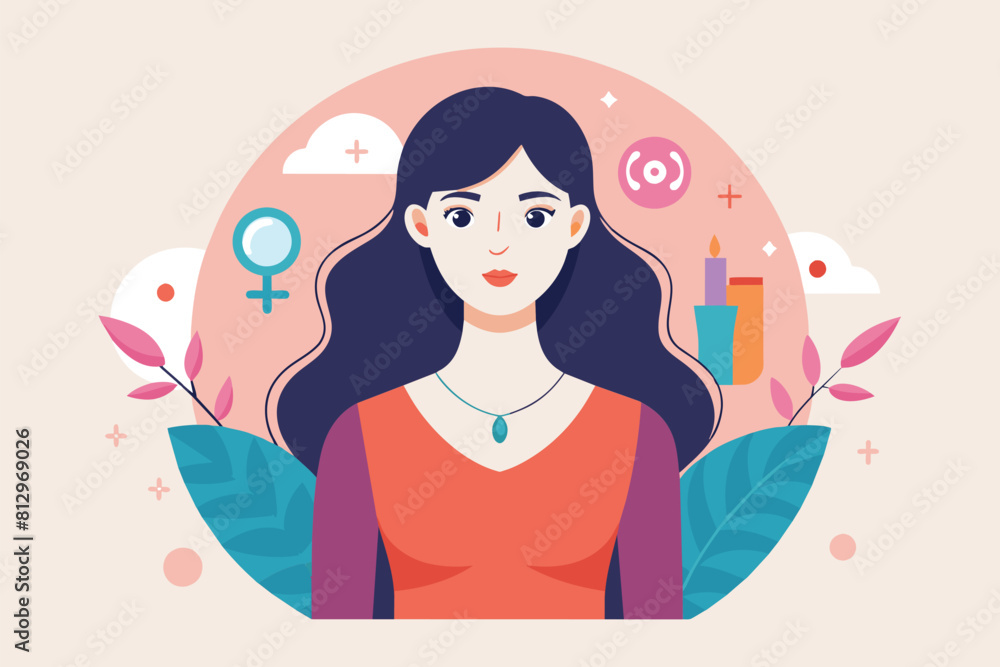 A woman with long hair wearing a necklace, Woman infertility Customizable Semi Flat Illustration A woman with long hair wearing a necklace, Woman infertility Customizable Semi Flat Illustration