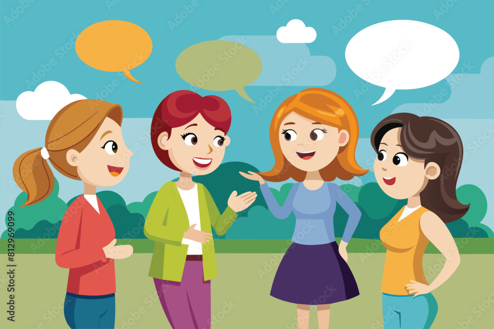 A group of diverse women are standing next to each other, engaged in conversation, Women talking Customizable Cartoon Illustration A group of diverse women are standing next to each other, engaged in conversation, Women talking Customizable Cartoon Illustration